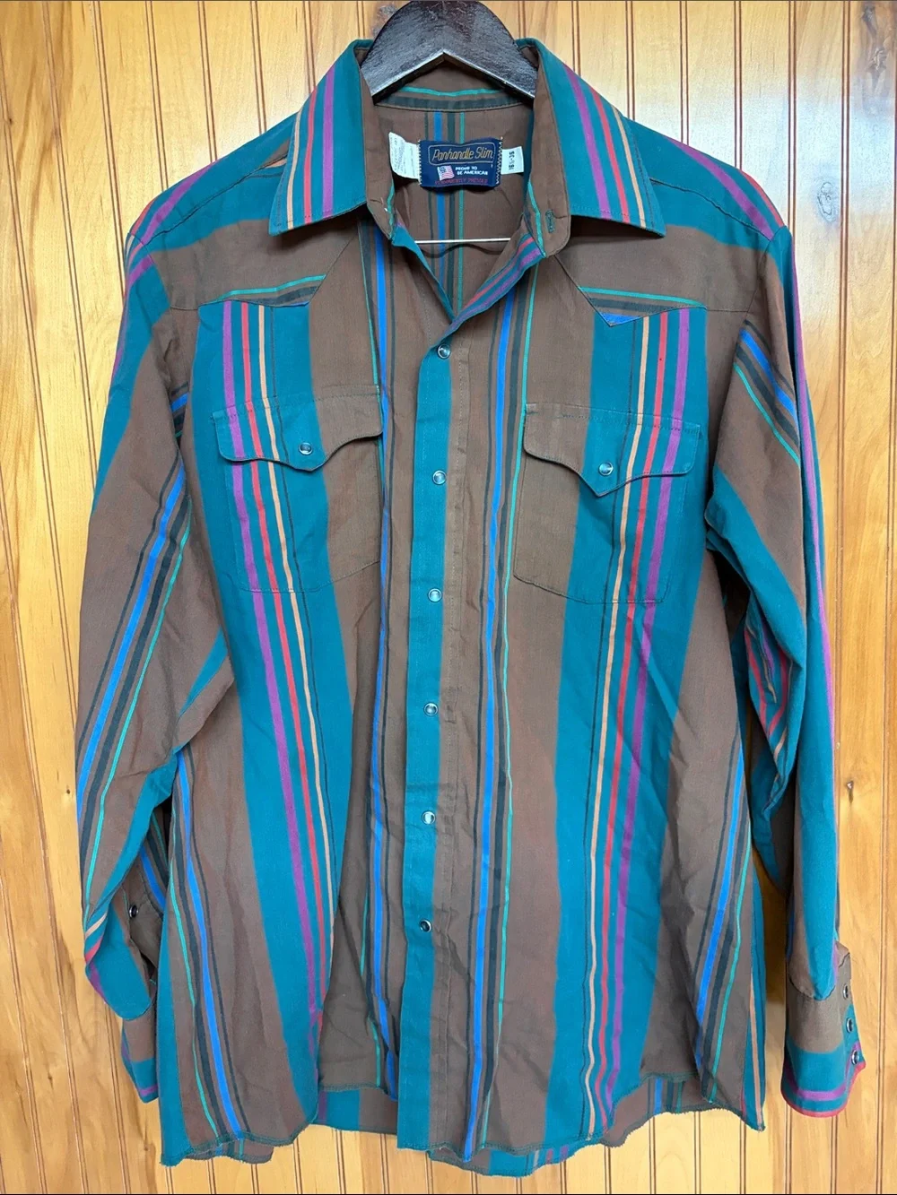 Panhandle Slim VTG Teal, Purple, Brown Striped Blue-Pearl Snap Western Shirt USA